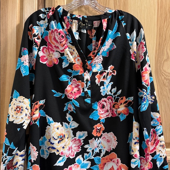 Yumi Kim Floral V-Neck Long Sleeve Blouse Black Pink & Blue Flowers Sz S - Picture 2 of 10